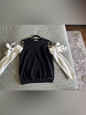 Off-the-Shoulder Black Knit Sweater with White Tie Sleeves